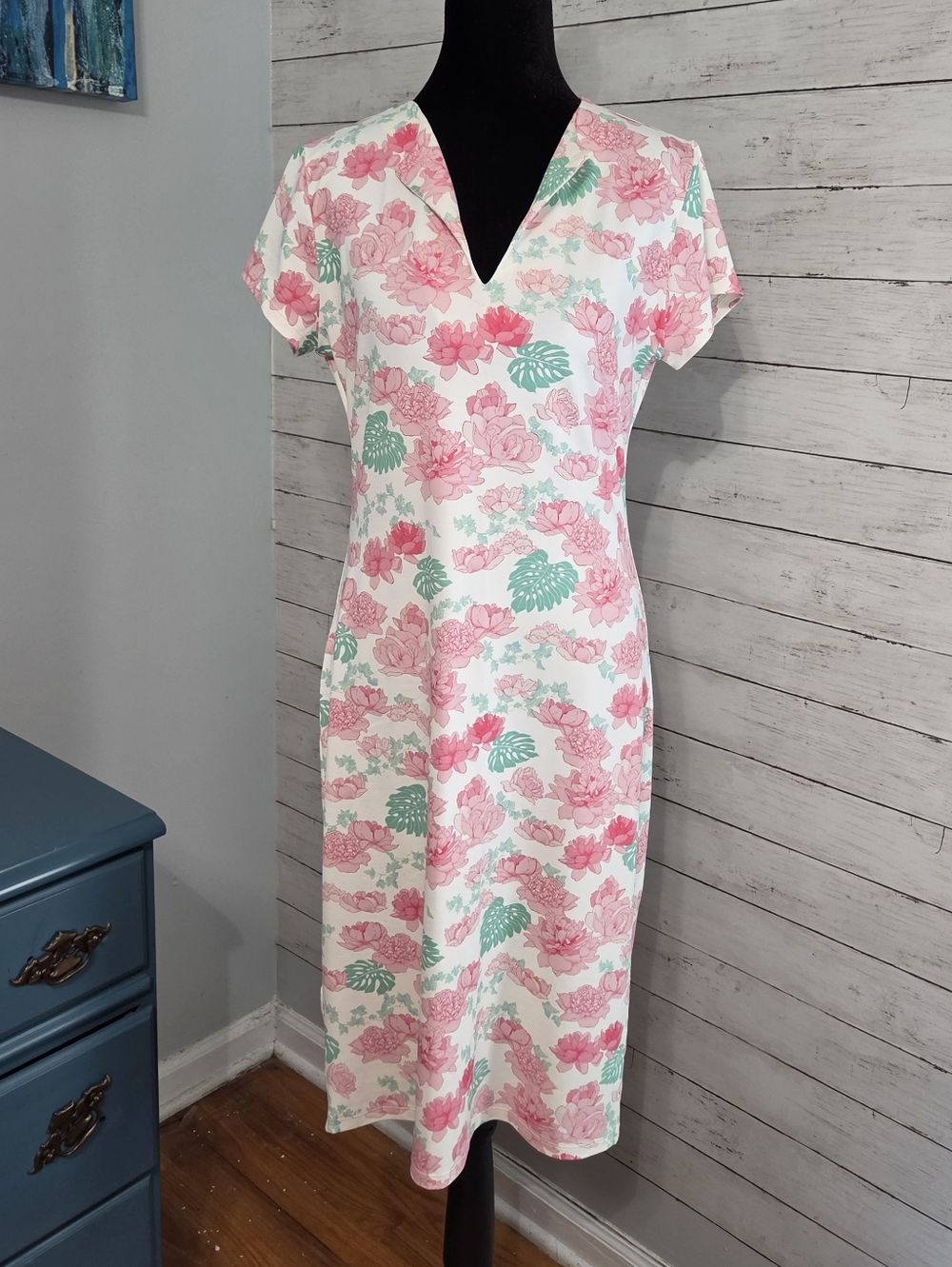 MANUEL CANOVAS Pink & Mint Floral Midi Sheath Dress with V-Neck Large